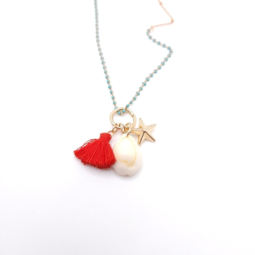 Fresh Produce Charm Necklace Star Shell Tassel Turquoise NWT - Picture 3 of 6